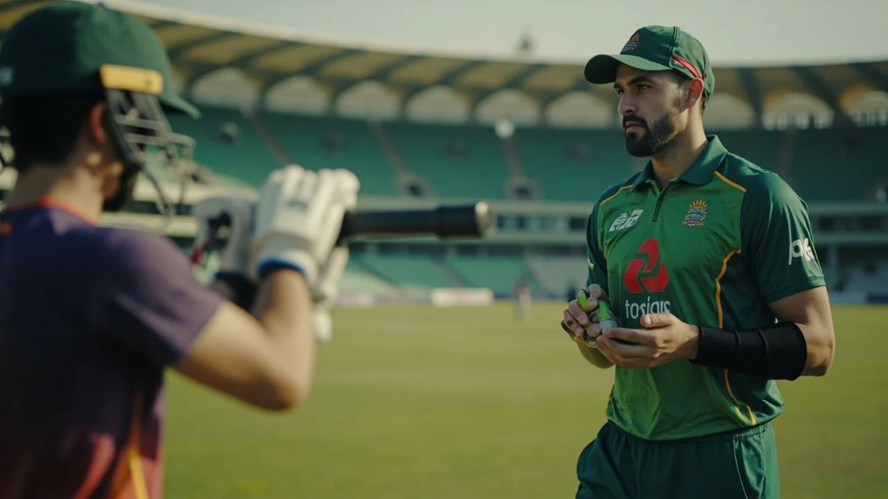 Medium editorial scene of cricket coaching staff working through a tactical clipboard beside a practice pitch, the kind of pre-series planning block the September 2026 tour would have triggered