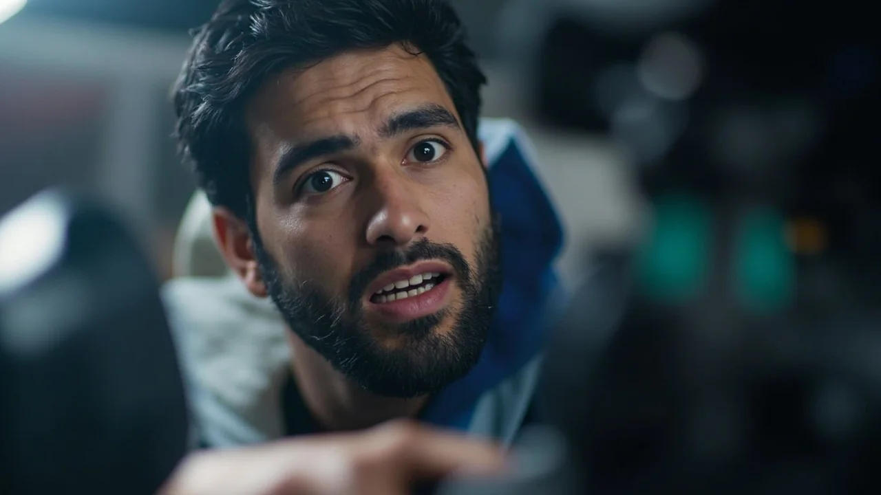 Cricketer with a blue towel over one shoulder speaking in front of camera equipment in a dressing room area