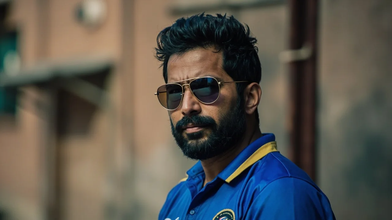 Cricketer in a blue team jersey and aviator sunglasses looking to one side, photographed outside a stadium building