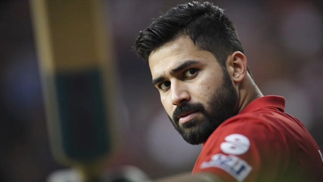 Cricketer in a red team jersey turning to look over his shoulder, with a bat handle in the foreground and a blurred crowd behind