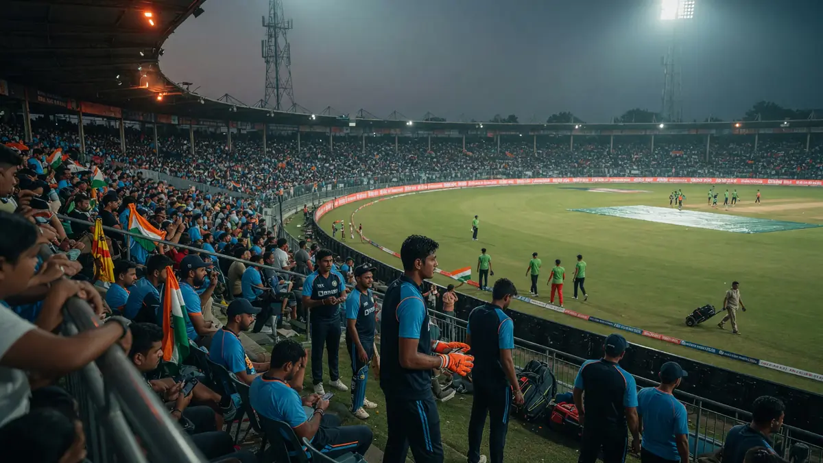 Wide evening view of a packed cricket ground with floodlights and a green outfield ahead of a T20 international