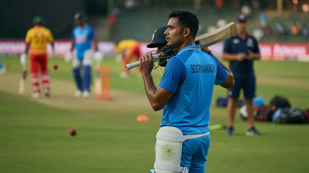 Young India batter in blue kit walking on the outfield with bat over his shoulder during a T20 match warm-up
