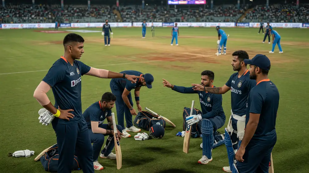 India players in navy training kit gathering on the outfield and pointing while setting positions during a T20 match