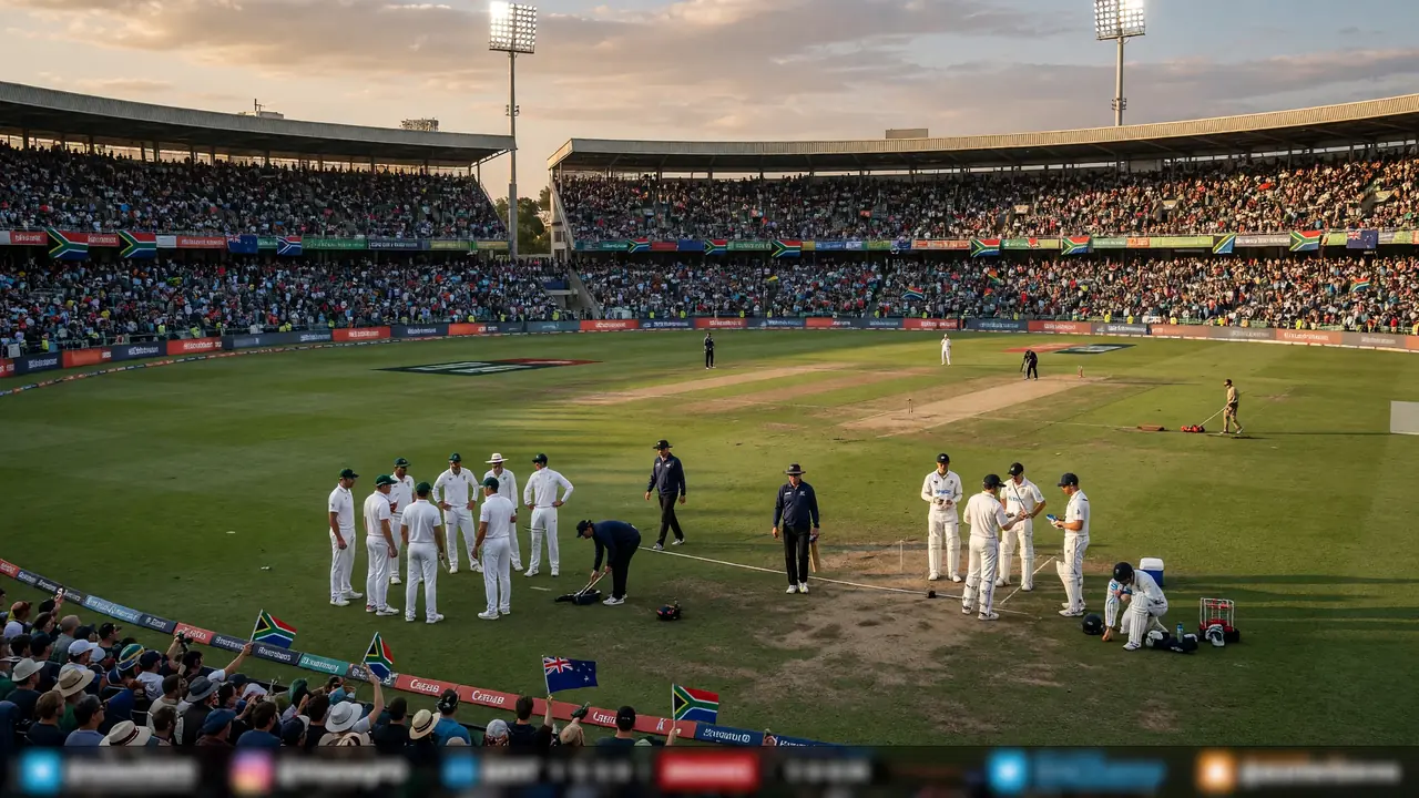 Wide evening view of a packed cricket stadium with floodlights and a green outfield ahead of a T20 World Cup knockout match