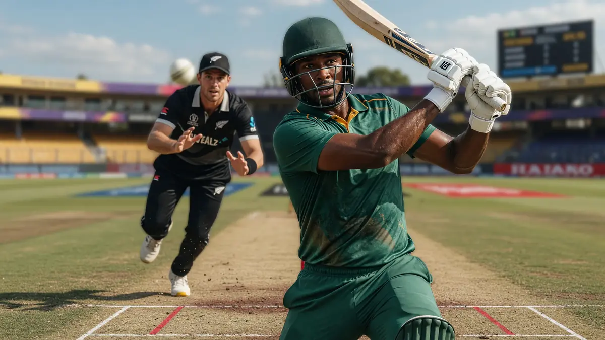 Cricket fast bowler in mid-delivery stride under stadium lights during a T20 match