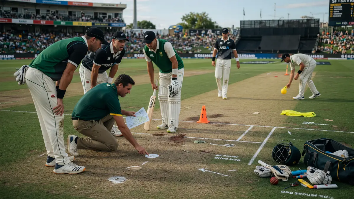 Medium shot of fielders and a bowler setting positions on a T20 outfield under stadium lights